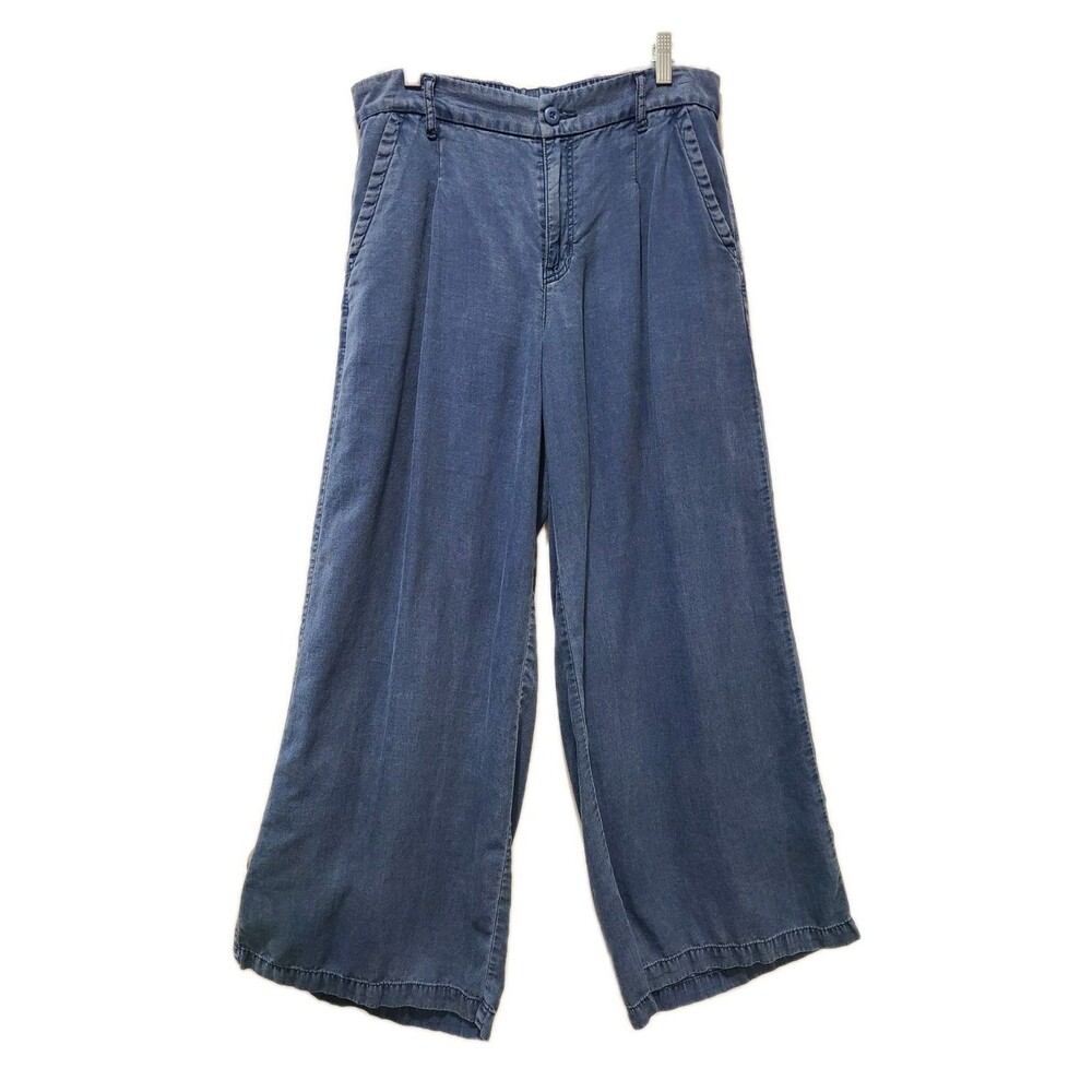 American Eagle High Rise Trouser Chambray Denim Med Wash Blue Pants Sz8 Wide Leg